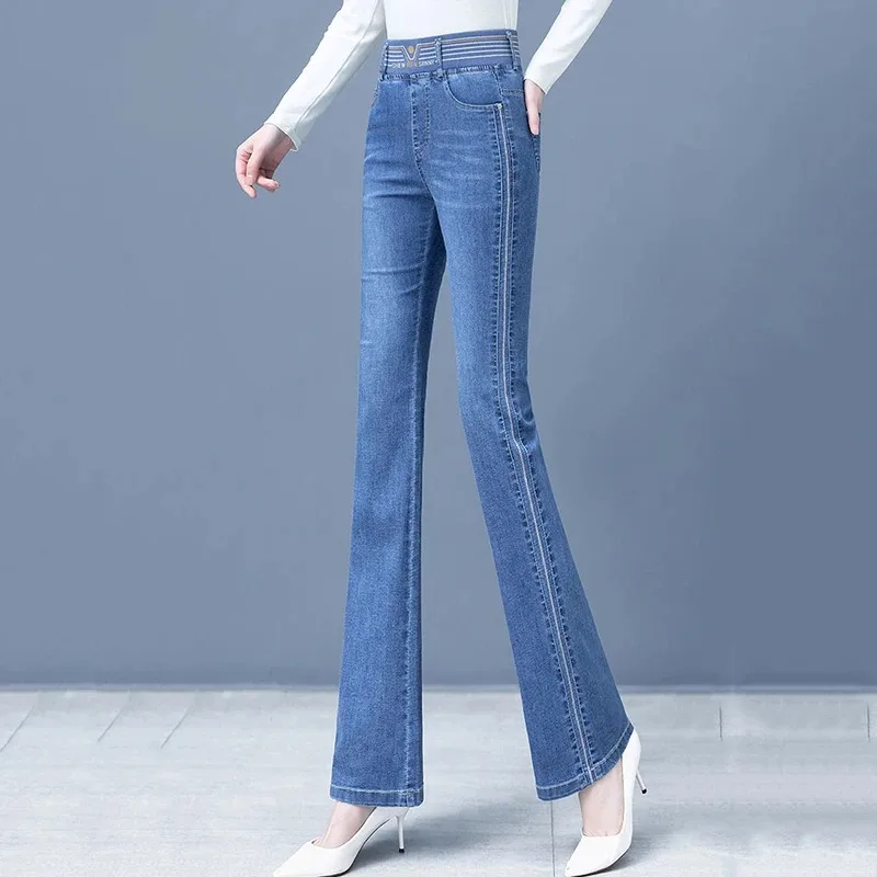 2024 New High Waist Flare Jeans Women Casual Embroidered Slim Denim Pant Spring Fall Pantalones Korean Stretch Straight Vaqueros