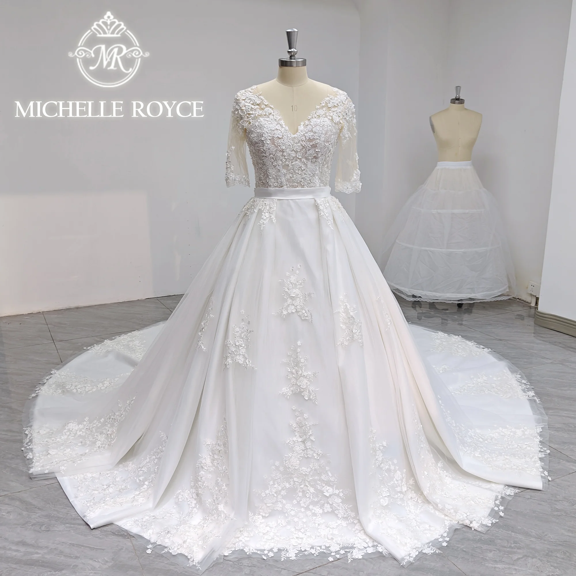 

Michelle Royce Luxury Ball Gown Wedding Dress Real photos 2023 V-neck Half Sleeve Appliques Chic Wedding Gown Vestidos De Novia