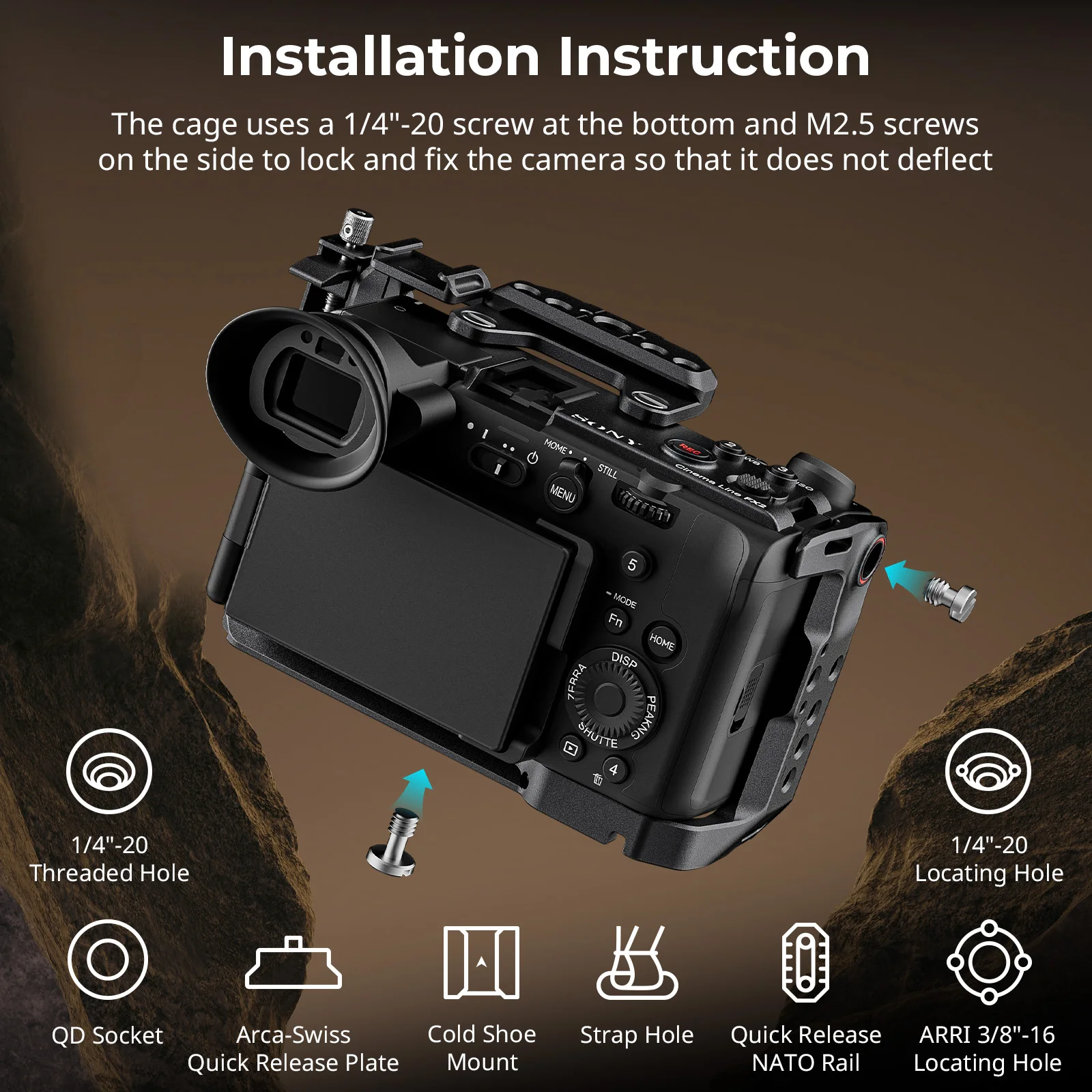 FX2 Cage for Sony FX2, Camera Cage Rig Kit With Top Plate Cable Clamp Cold Shoe