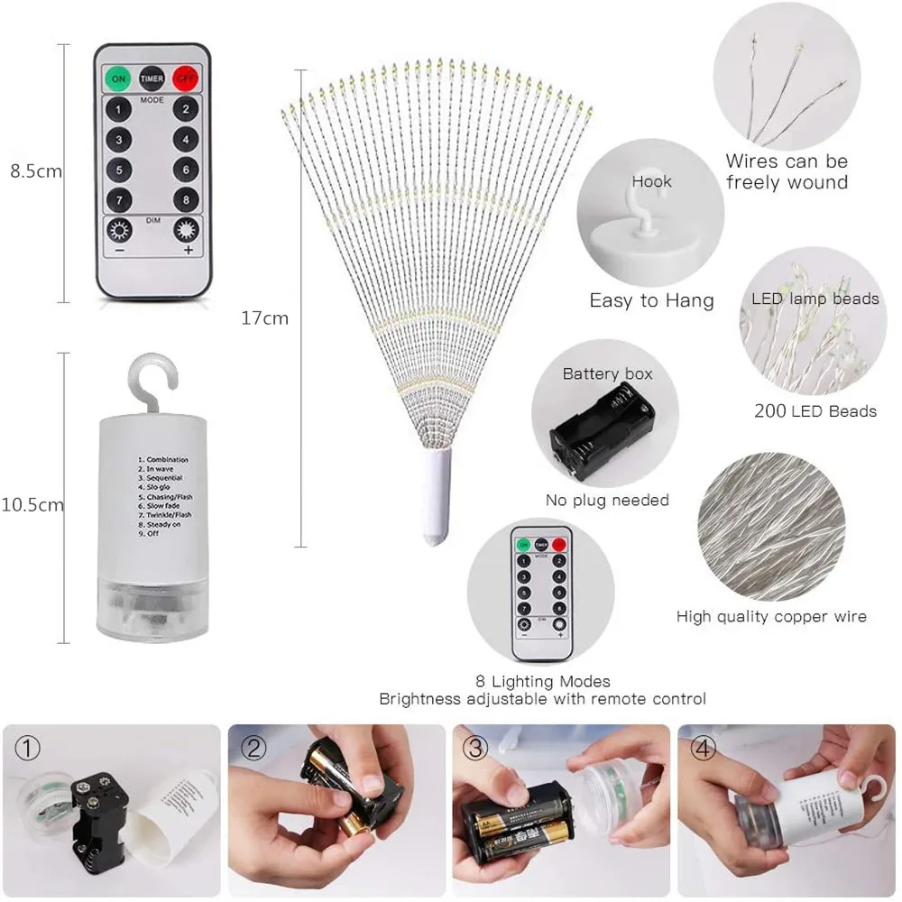 LED Copper Wire Firework Lights, 8 Modes Fairy Starburst Light with Remote Outdoor Decorations for Home, Party, Cafe, Wedding 4