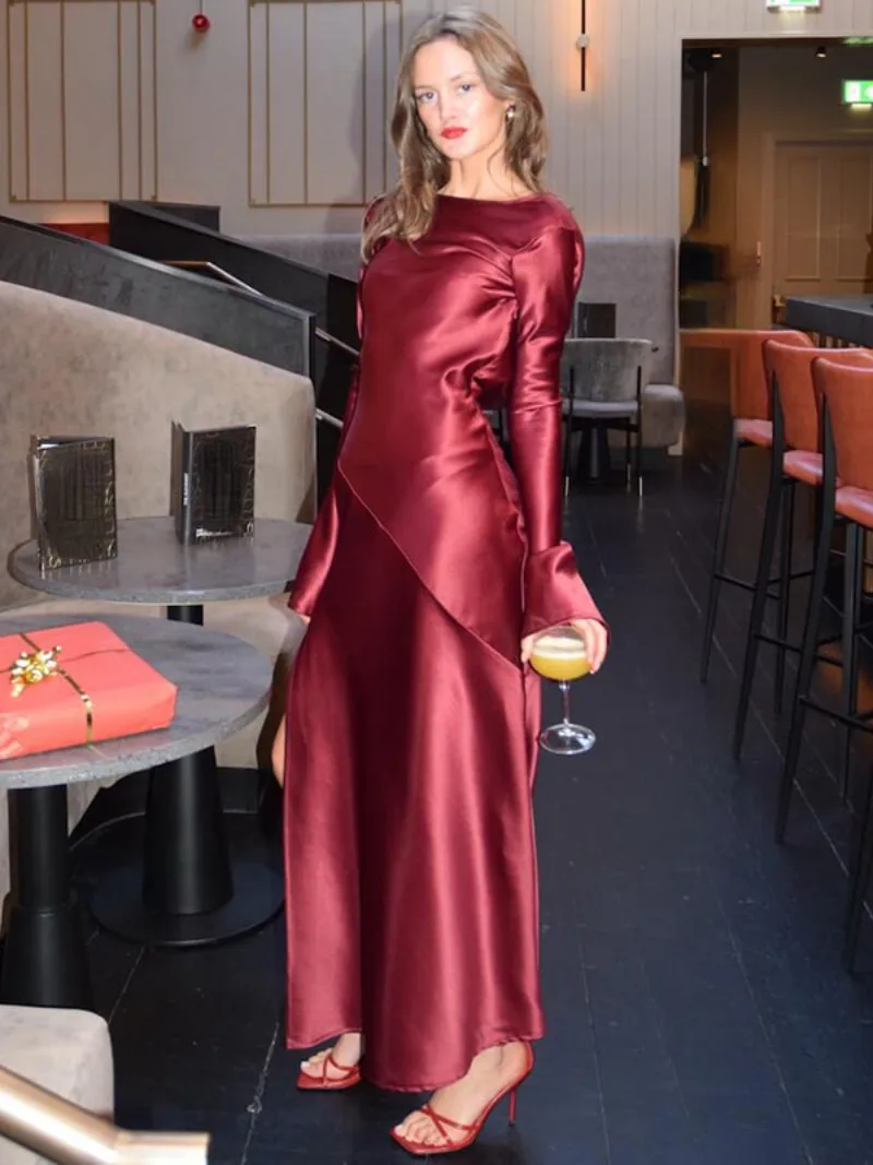 

2024 O-neck Long Sleeve Backless Split Birthday Party Dresses for Women Elegant High Waist Slim Fit Satin Party Evening Dress