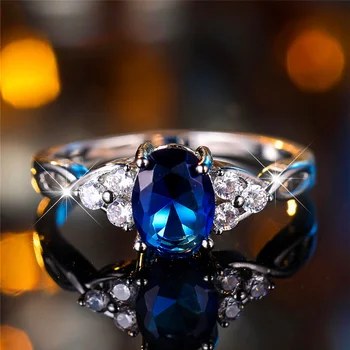Luxury Female Blue Zircon Stone Oval Finger Ring Vintage Silver Color Wedding Band Bridal Jewelry For Women