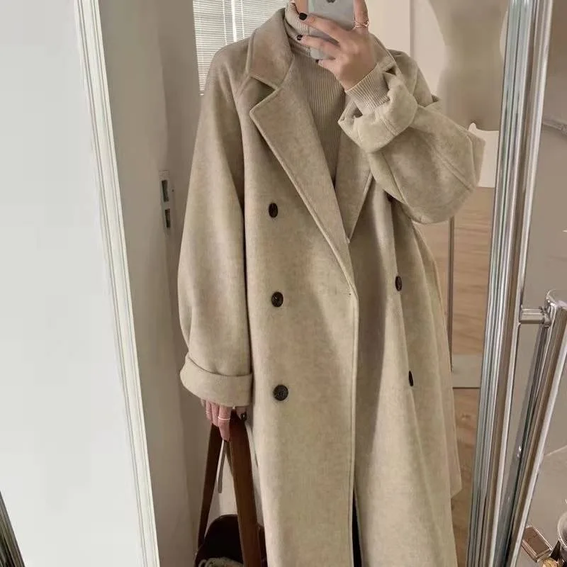 

Choichic Notched Collar Single Breasted Wool Coat for Women Single Breasted Solid Thick Mid-length Trench Korean Loose Coats