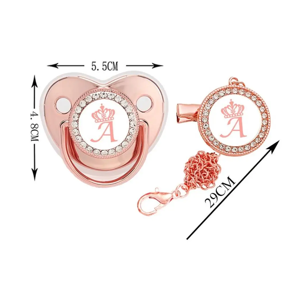 26 Letters Rose Gold Crown Letters Baby Rhinestone Pacifier Baby Teether Tape Chain Clip silicone pacifier