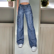 

Streetwear Women High Waist Y2k Jeans Wide Leg Pocket Patchwork Baggy Cargo Pants Oversize Casual Vintage Denim Trousers