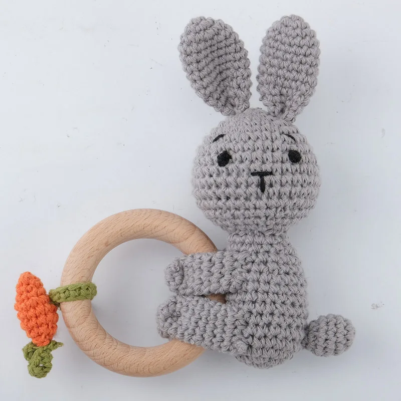 1pc BPA Free DIY Crochet Elk Fox Bee Baby Teether Wooden Teether Ring Rattle Newborn Teething Nursing Soother Molar Educational 2