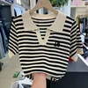 plus Size  Ne ort Sve Striped T-irt Women Summer Hollow out Thin Design Sense Color Blo Top Korean Sle