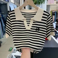 plus Size  Ne ort Sve Striped T-irt Women Summer Hollow out Thin Design Sense Color Blo Top Korean Sle