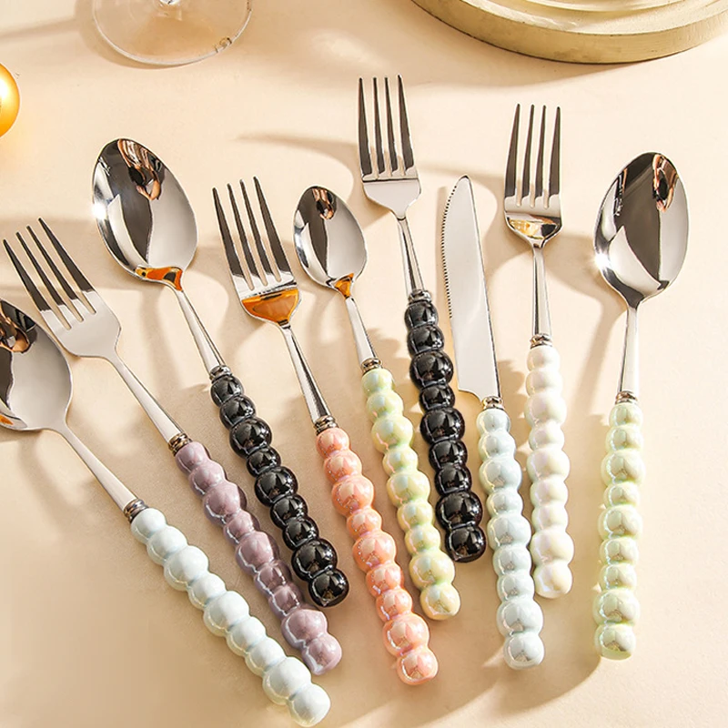 

1/4pcs Ceramic Pearl Handle Flatware Set Stainless Steel Cutlery Set Creativity Knife Spoon Fork Tableware Set Dinnerware Set