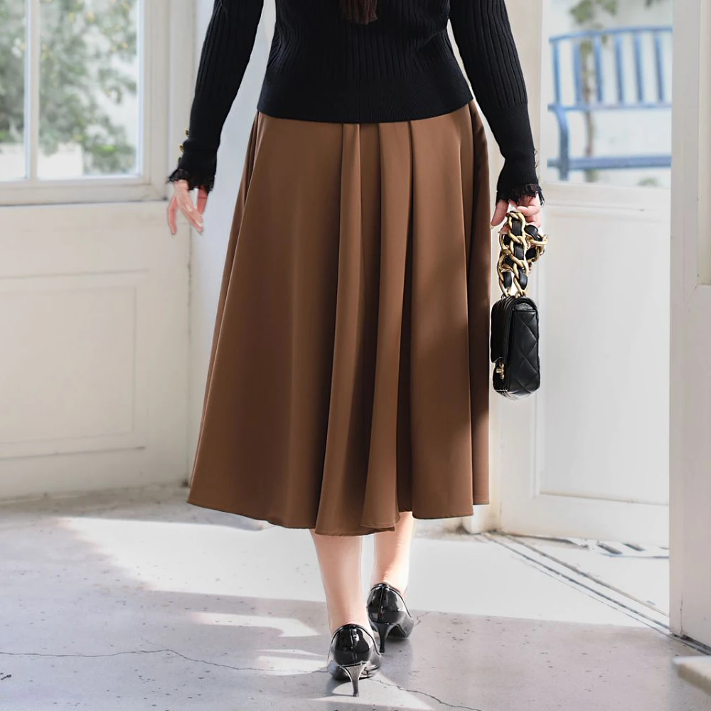 Plus Size Women's Umbrella Skirt Premium French Vintage Ball Gown Mid-Length A-Line Twill Chestnut Brown Skirt Autumn 2025