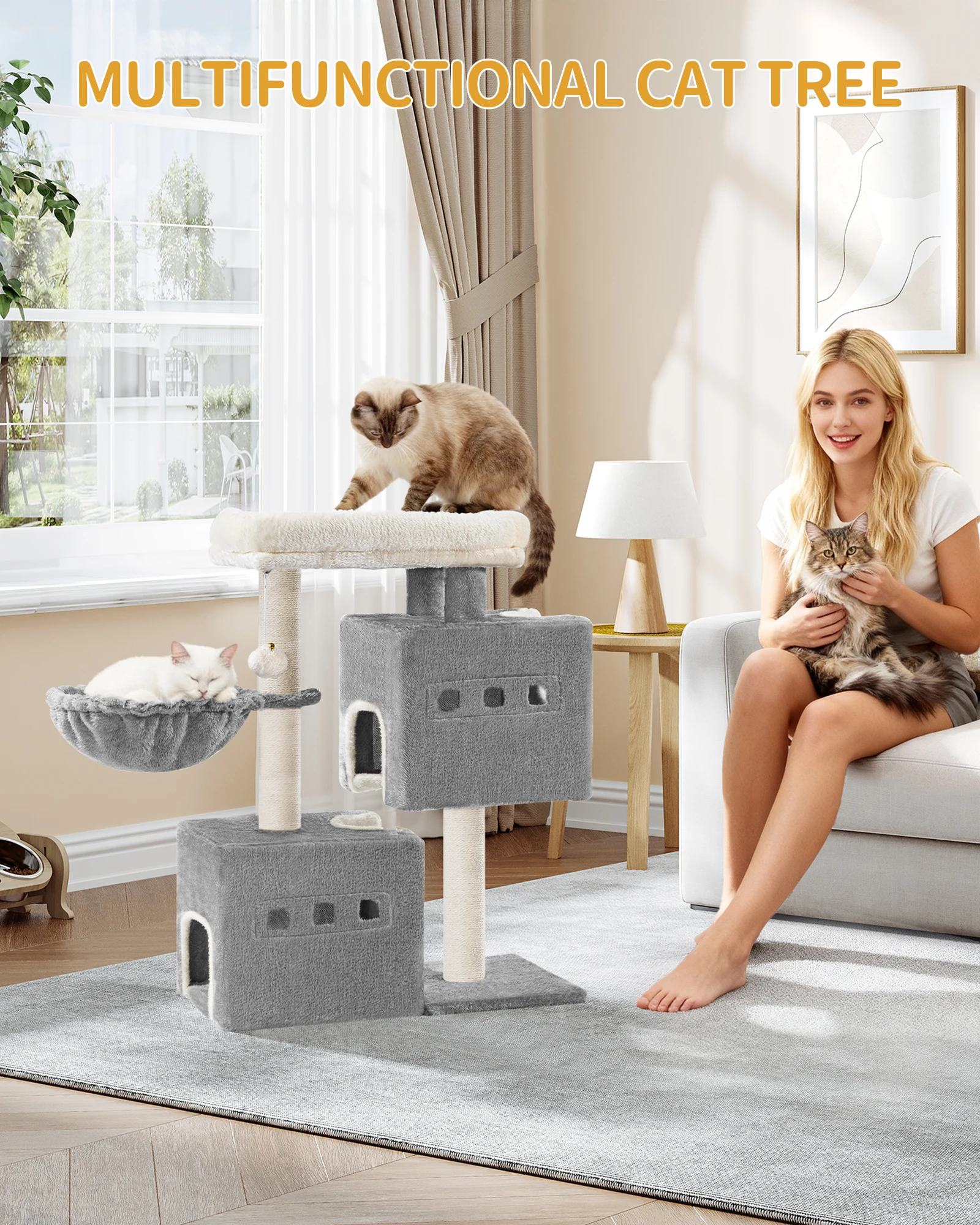 Cat Tree, 75 cm Tower, Sisal Scratching Post, Cats Tower for Indoor, Multi-Level Stable Cat Tree with Cats House, 2 Caves
