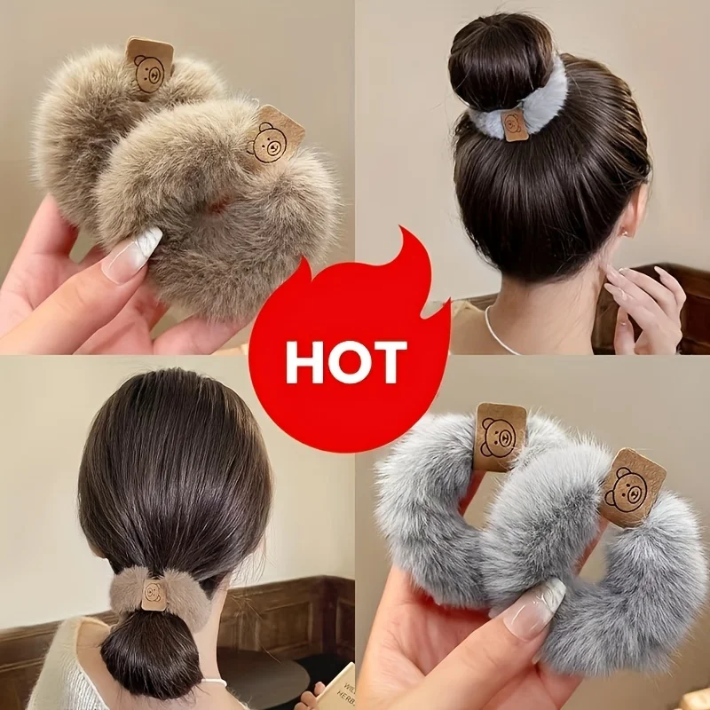 3pcs Plush Bear Hair Ties High Elasticity Soft Durable Scrunchie for Ponytails Buns Vintage Black Autumn Winter Cute Design