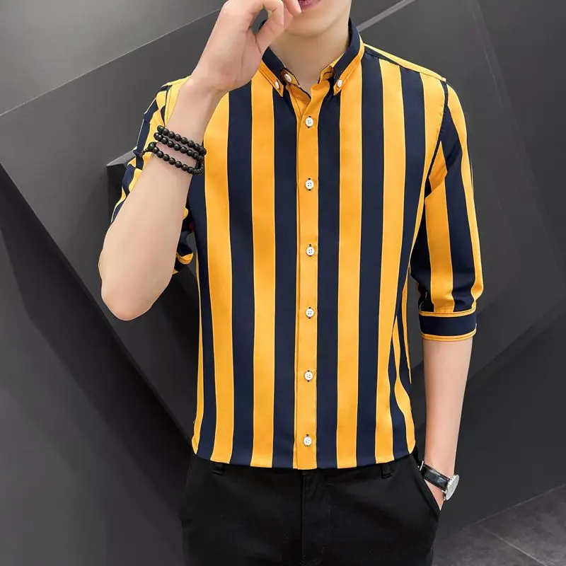 Korean Fashion Trend Handsome Summer Striped Short Sleeved Shirt Men's Lapel Button Patchwork Three Quarters Versatile Thin Top