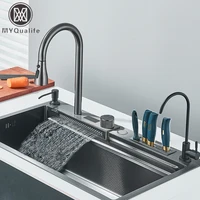 304 Stainless Steel Waterfall Kitchen Sink Large Single Slot Integrated Digital Display Faucet Set Soap Dispenser knife Board 1