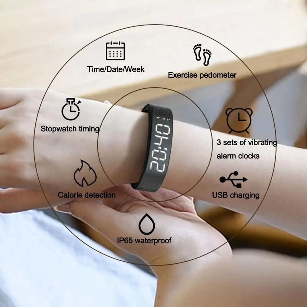 LED 디지털 알람 시계 방수 스누즈 방지 피트니스 손목밴드 조절 가능 러닝 만보계 알람 팔찌