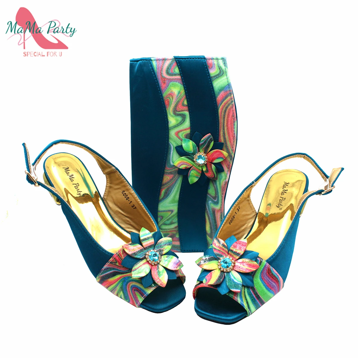 

New Speical Square Heel and Buckle Strap Style Italian Design Shoes and Bag Set in Teal Color for Ladies Party