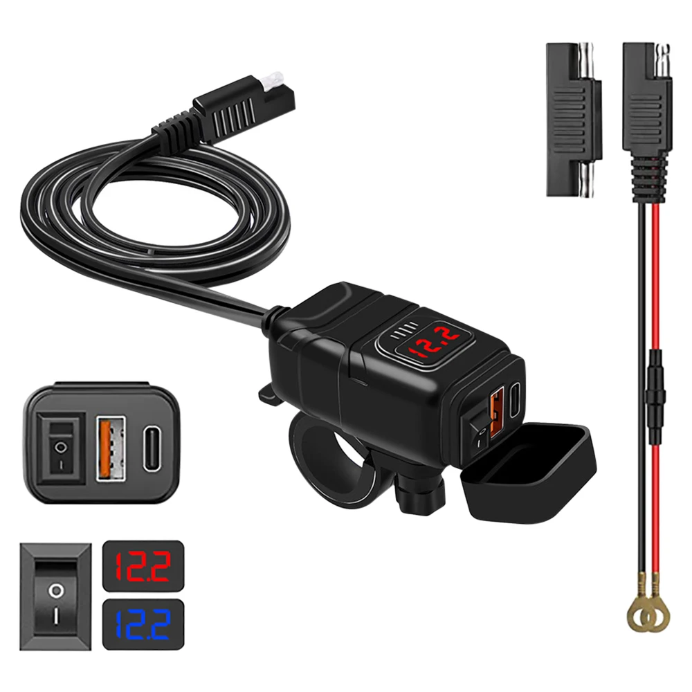 

PD QC3.0 Motorcycle USB Charger Waterproof DC12V-24V Power Supply Adapter with Switch Voltmeter Socket Moto Phone Charger
