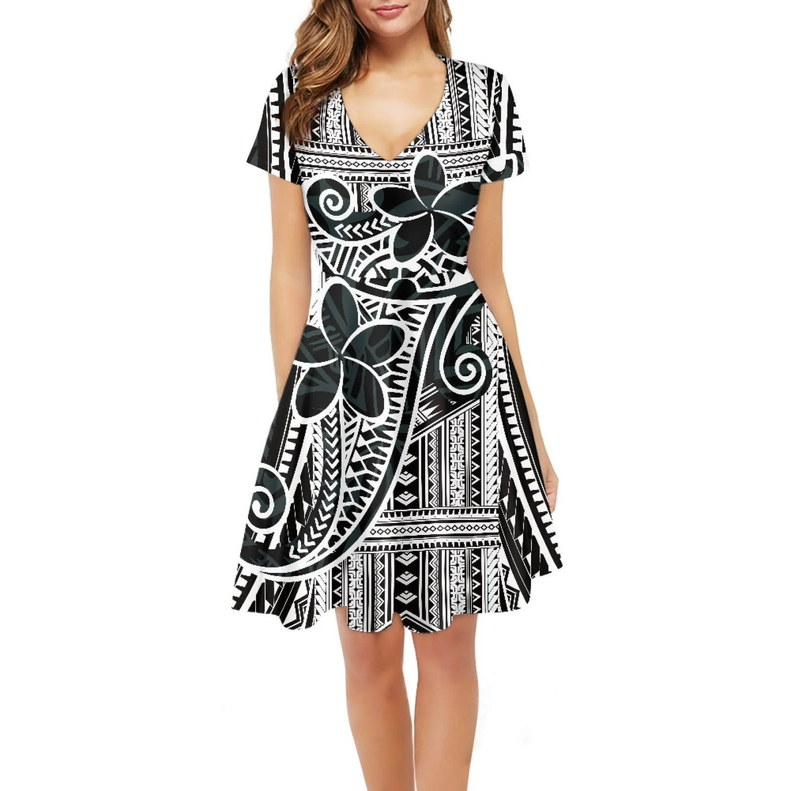 

Polynesian Tribal Fijian Totem Tattoo Fiji Prints Floral Pattern Suitable Elegant Sexy Short Sleeve V-neck Female Pleated Dress