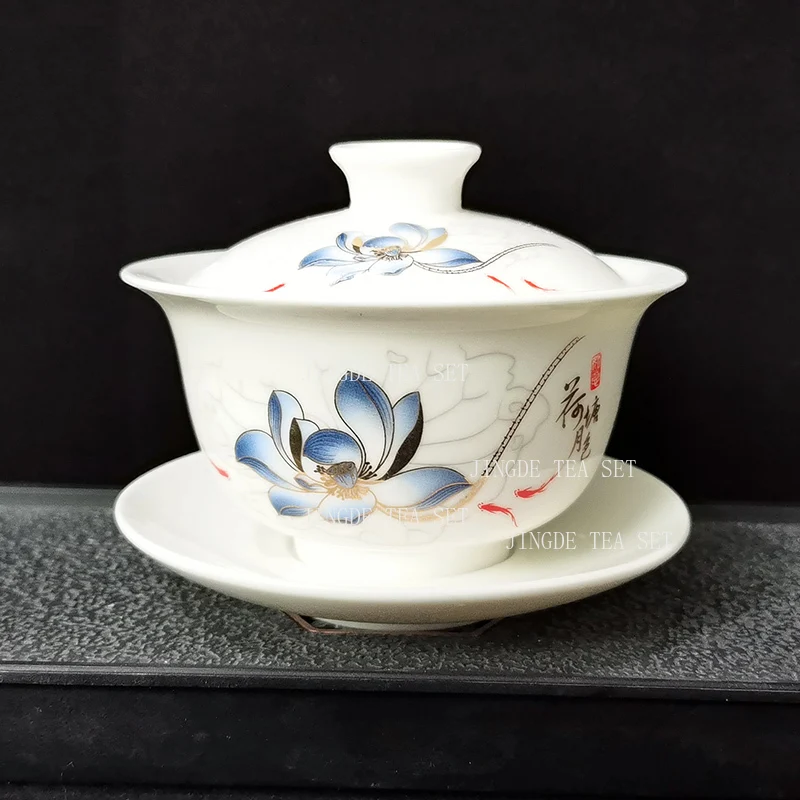 220ml Sheep Fat Jade Tea Bowl Ceramic Teacup Hovering Lid Bowl Home Kung Fu Tea Set High End Tea Infuser