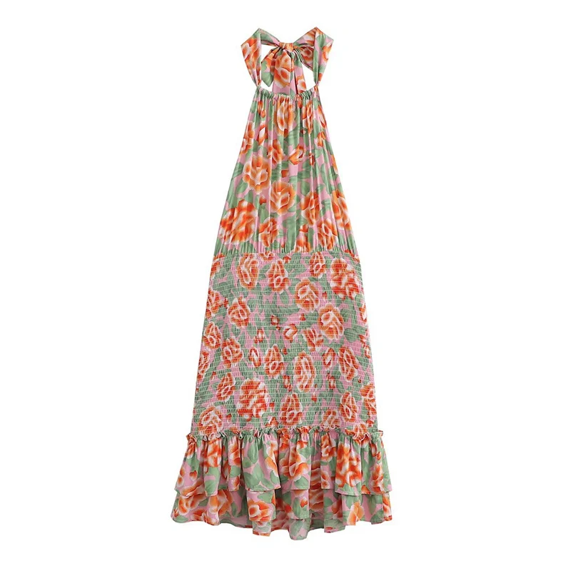 

2022 Multicolor Backless Ruffle Print Backless Summer Dress Women Floral High Waist Mini Dress A-Line Beach Dress
