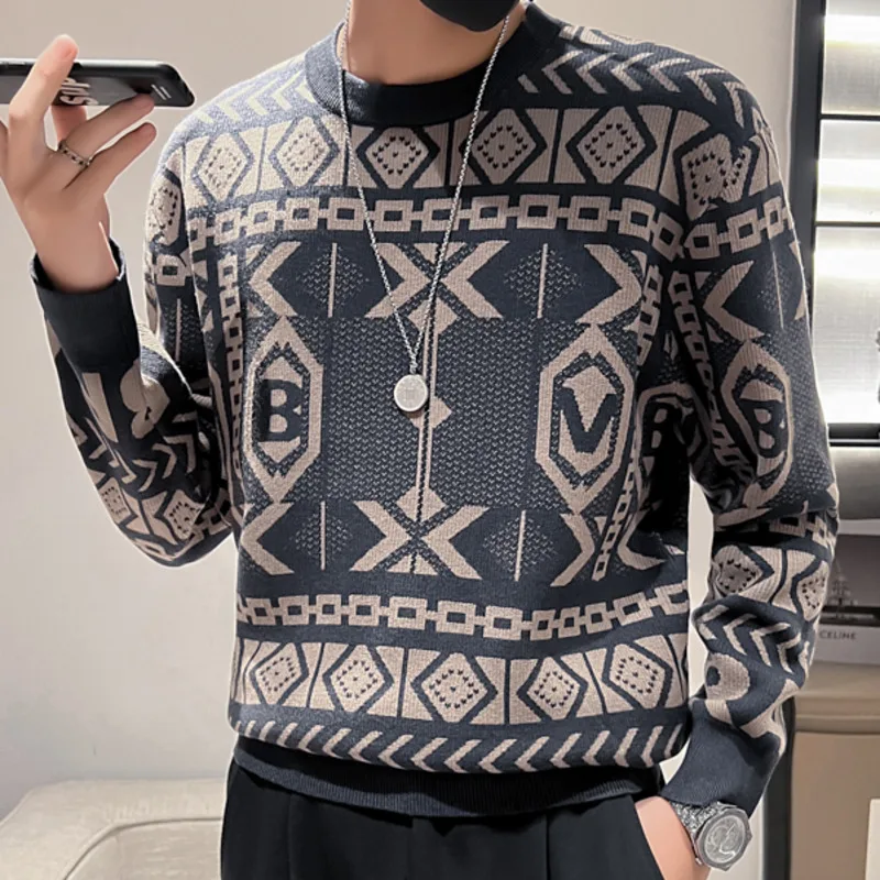 thumbnail image 1 of Suéter casual de cuello redondo para hombre, suéter de moda con estampado para otoño e invierno, jersey navideño de punto, suéter ajustado, ropa para hombre, 1 of 4
