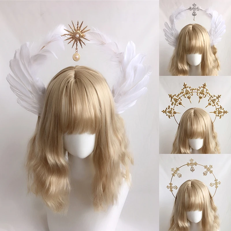 

Gothic Halo Crown Lolita Tiara Headband KC Virgin Mary Halo Crown Headpiece Angel Feather Wings Halo Goddess Hair Accessories
