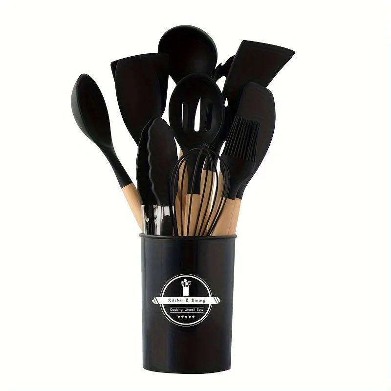 Kitchen Utensils 12Set Wooden Handle Silicone Non-Stick Pan Cooking Tools