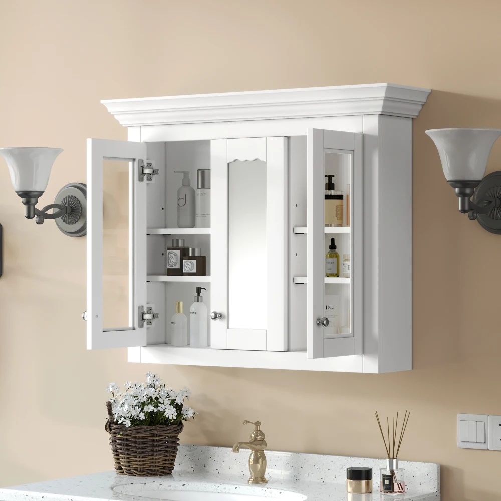 Wood Medicine Cabinet with Mirror Glass Door and Adjustable Shelves