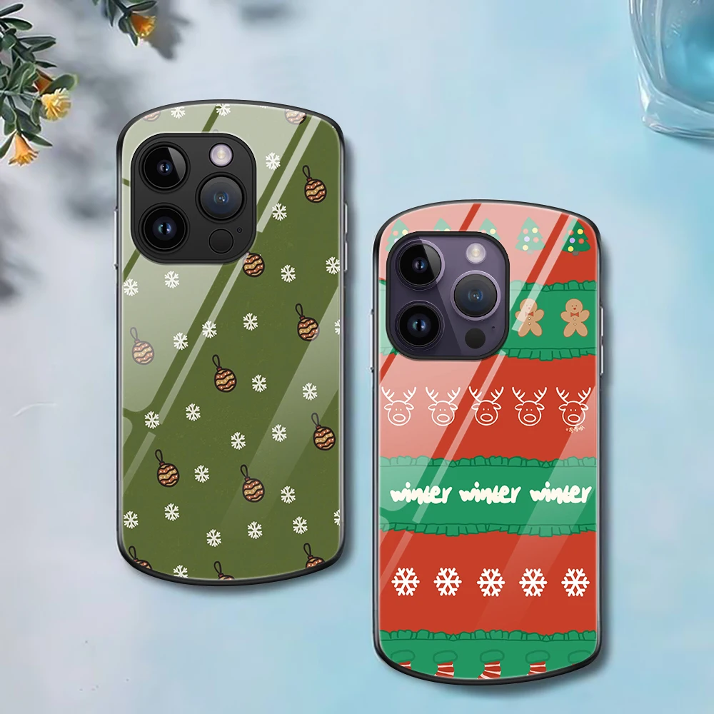 

2024 New Year Case for iPhone 15 14 13 Pro Max Mini XR XSMax 7 8 Plus SE Christmas Oval Tempered Glass Cover for iPhone 12 11
