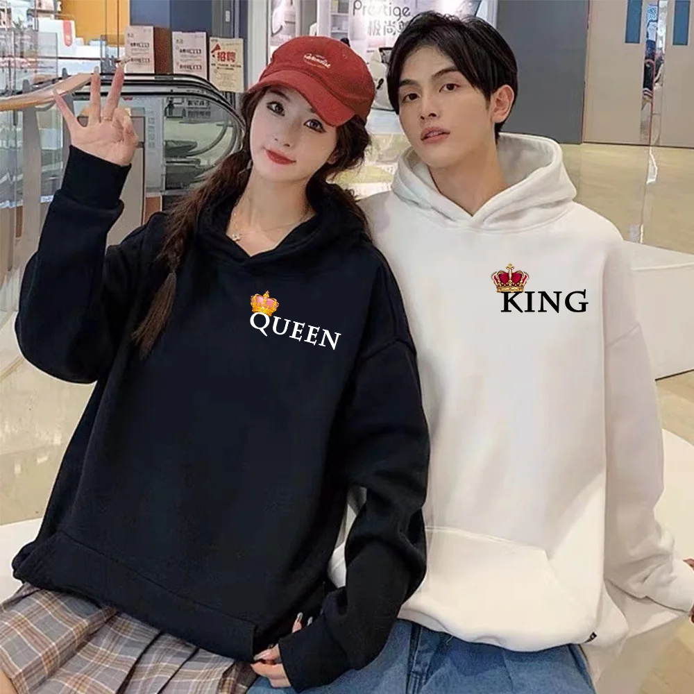 

Couple Hoodies Loose Solid Fashion Queen King Print Long Sleeve Fleece Autumn Winter Casual Streetwear For Women Men