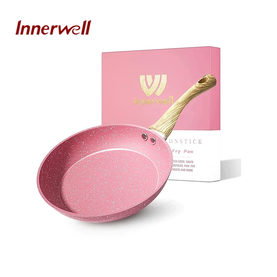 Frying Pan Nonstick Ceramic Marble Stone Anti Scratch Wooden