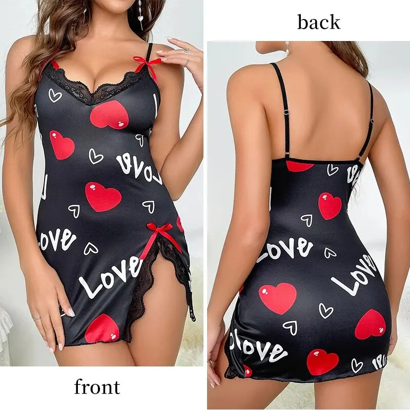 Women Pajamas Sling Dress Lace Edge V-Neck Side Split Printed Sleepwear Home women nightgowns women nightdresses women pajamas sleeping dress