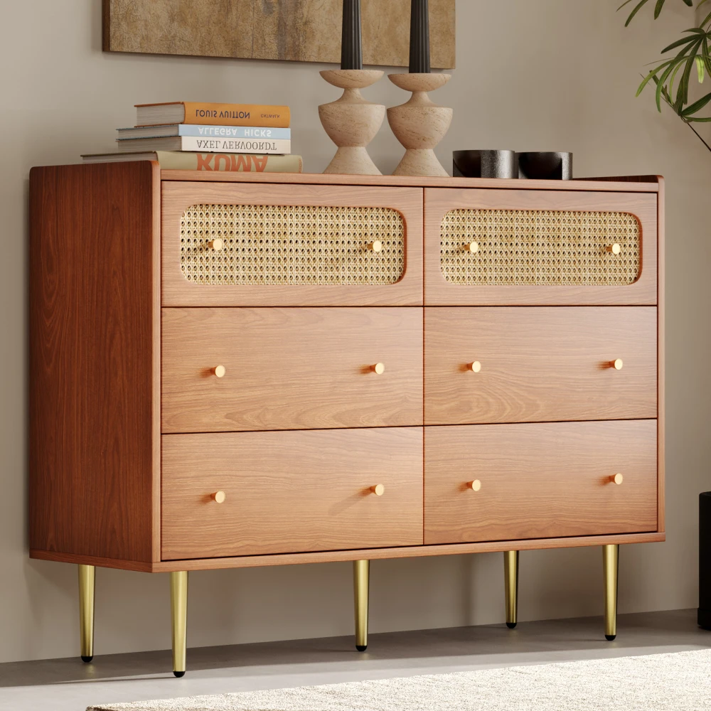 PINGGO 6-Schubladen Rattan-Kommode Walnuss Highboard für Schlafzimmer Wohnzimmer 120x40x90cm Aufbewahrungssideboard – Detail 3