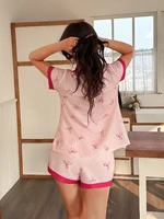 Ensemble deux pièces confortable à pois color-block avec haut à manches courtes à revers et nœud papillon, et short à nœud papillon, ensemble pyjama et loungewear pour femme printemps-été 2