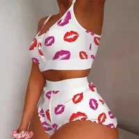 Ensembles de pyjama d'été pour femmes, vêtements de nuit, dentelle imprimée Harvey, écharpe, court, Y et short, ensemble 2 pièces, vêtements de détente 4