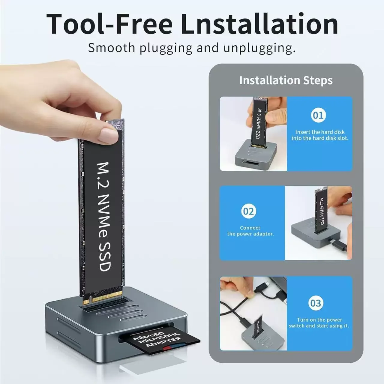 M.2 PCIE NVME SSD 하드 디스크 베이스 10Gbps 직접 연결 SSD 어댑터, SD 2.0 카드 또는 M2 SSD M 키&B+M 키 하드 드라이브 지원