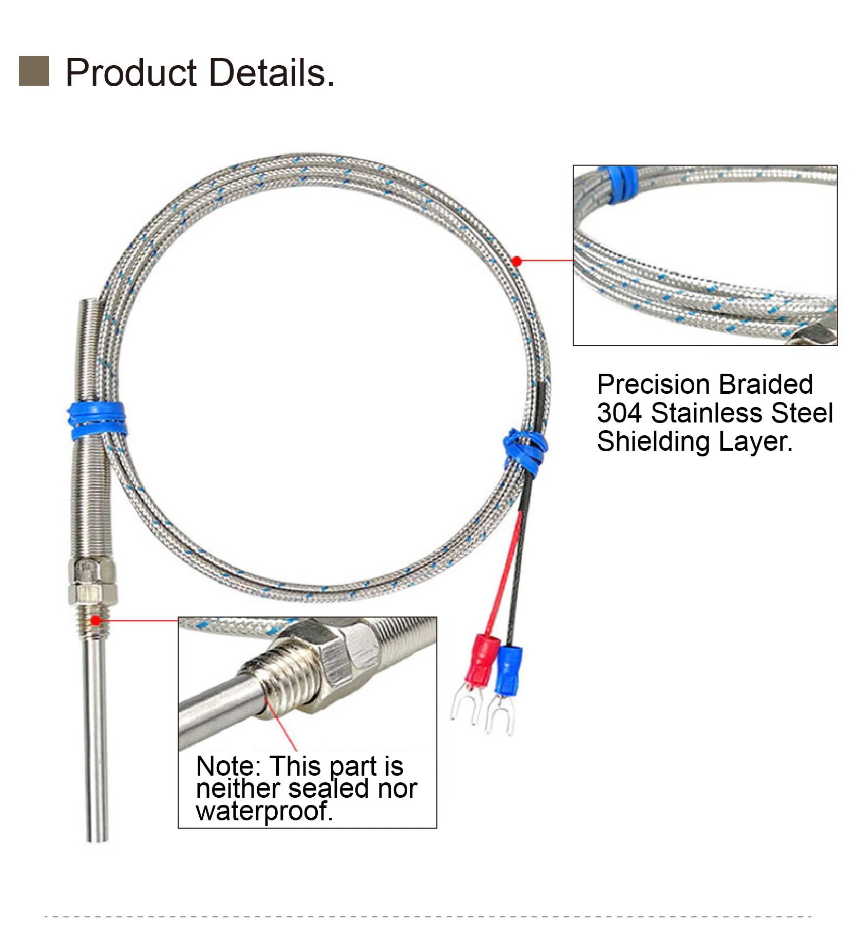 K type thermocouple probe M8 threaded high temperature up to 600°C stainless ste