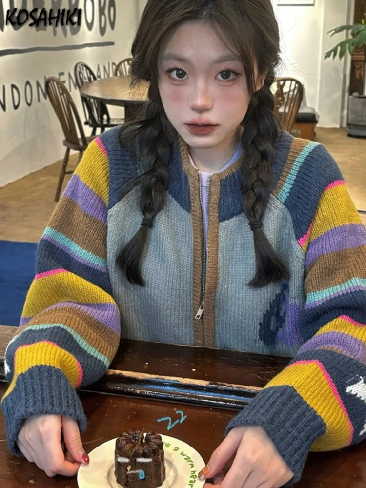 빈티지 스트라이프 가디건, Y2k 미적인 루즈 지퍼 그런지 니트 스웨터, 일본 캐주얼 스위트 레인보우 코트, 대비 색상