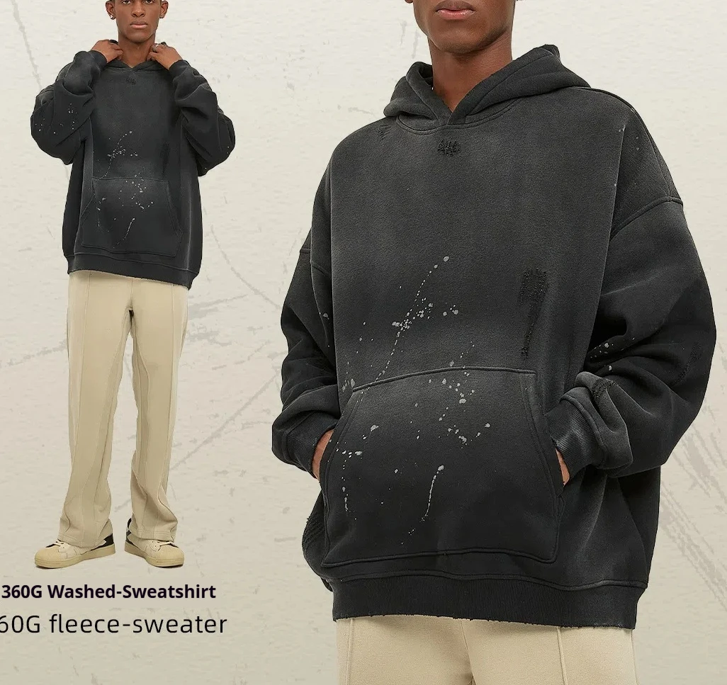 Splashed Ink Vintage Hoodies Männer Schwergewicht Streetwear Zerfetzte Kanten Übergroße Tropfen Schulter Herbst Winter Fleece Gefüttert Neue 2025