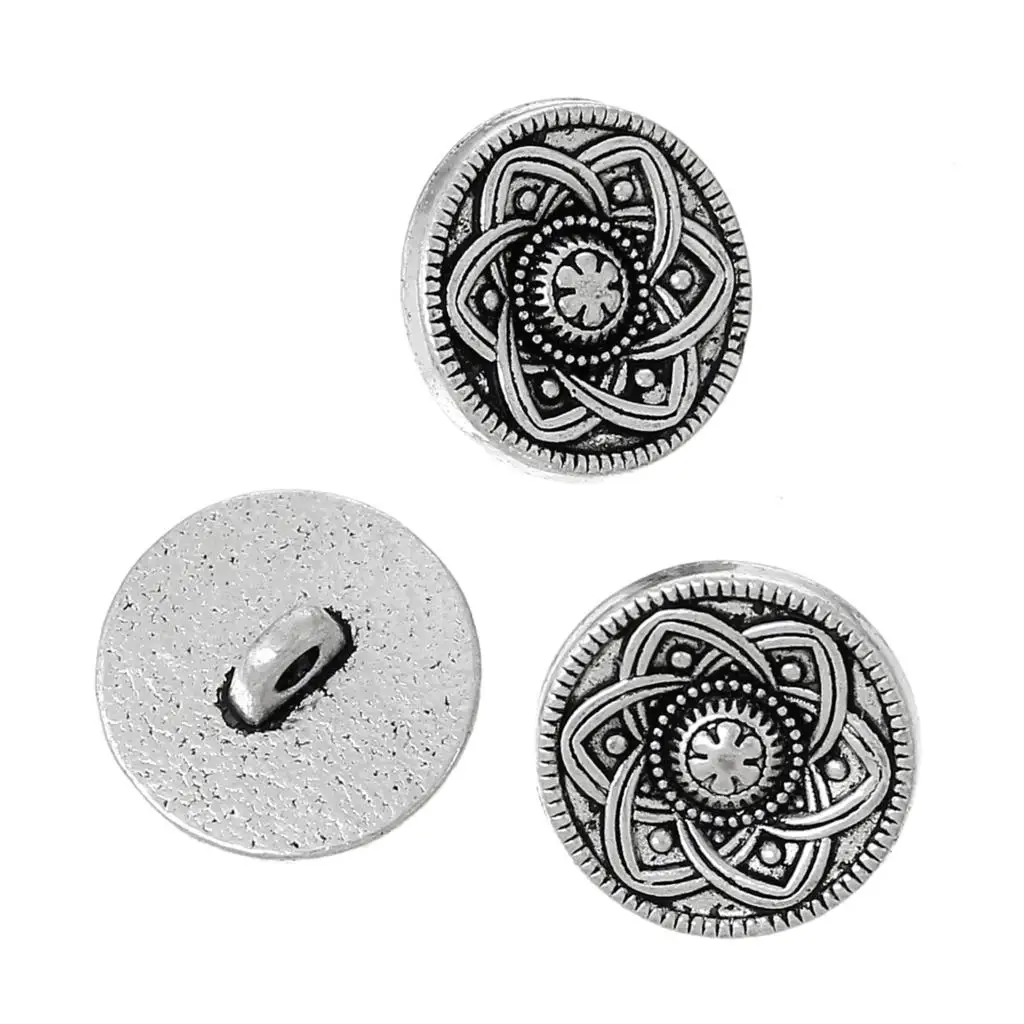 

DoreenBeads Shank Button Metal Buttons Single Hole Flower Zinc Metal Alloy Round Silver Color 15mm( 5/8\")dia,5 Pcs Jeans Button