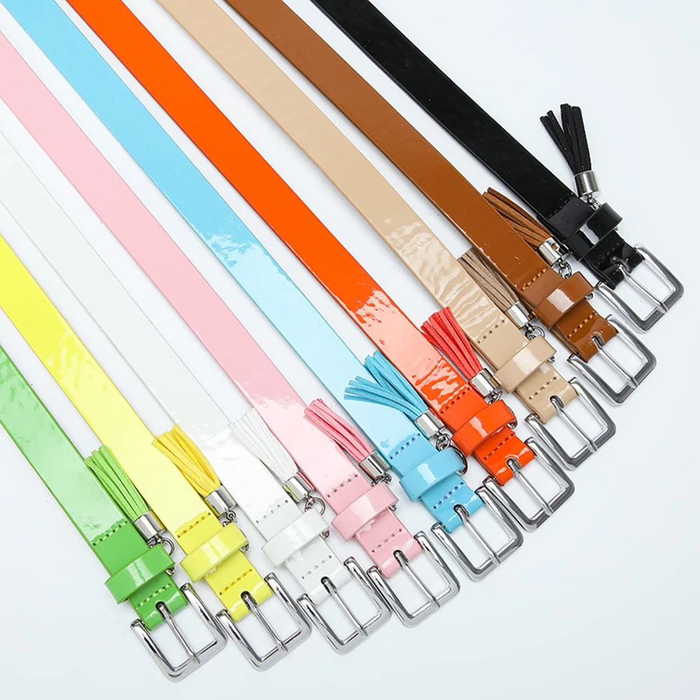 

Candy Color Patent Leather Belts for Women Metal Square Pin Buckle Waist Strap Tassel Dress Jeans Waistbands Ladies Belt