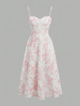 Elegant Pink Floral Print Dress with Thin Straps and a Flared Waist 1