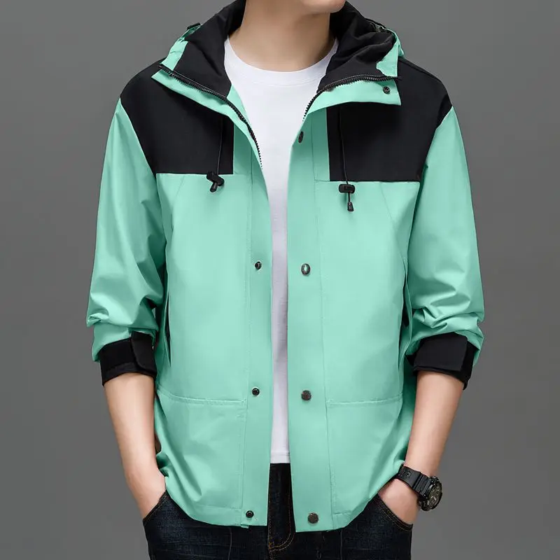 

2024 Spring Autumn Men Casual Outerwear Fashion Patchwork Design Hooded Jacket White Beige Green Khaki Black Pink Coat OOTD Look