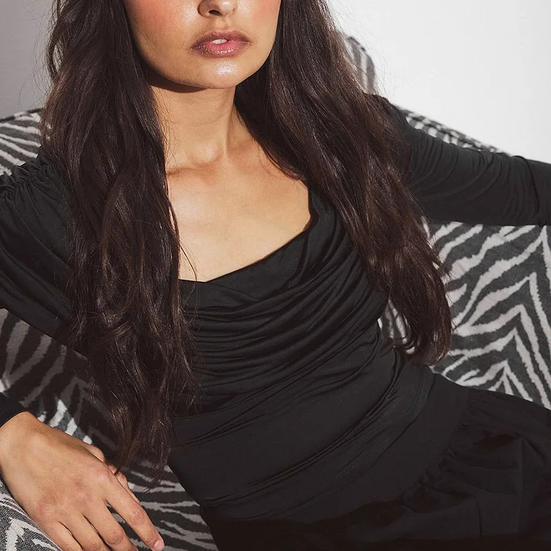 New Spring and Summer 2026 Deep Round Neck Folded Solid Color Women's Long Sleeve T-Shirt Y2k Fashion Slim Fit Pullover Top