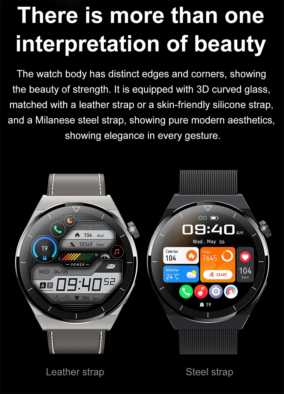 Smartwatch- leather strap- skin friendly silicone strap