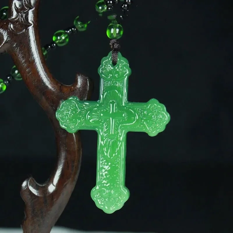 Chinese Natural Green Jade Cross Pendant Necklace