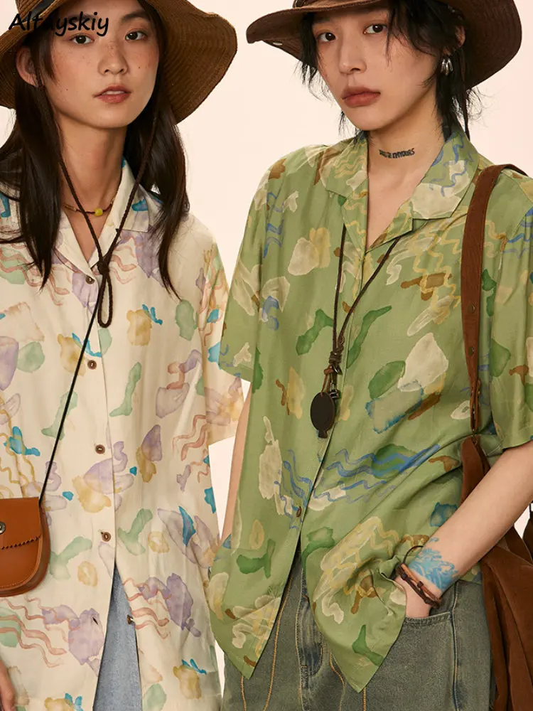 

Beach Style Print Shirts for Women Vintage Harajuku Chic Korean Fashion Vacation Unisex Loose Notched Streetwear Casual College