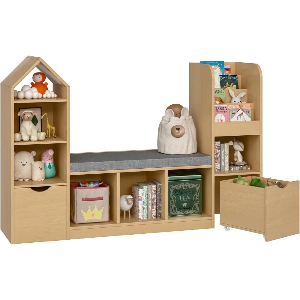 Kids Bookcase with Reading Nook, 7 Storage Cubbies & 2 Drawers, Toy Organizer with Seat Cushion for Playroom