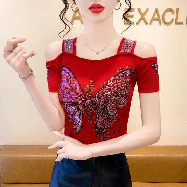 جديد السيدات شبكة تي شيرت مصمم فراشة الساخن الماس المرأة بلايز الصيف مثير خارج الكتف تيز بلوزة قمصان الملابس 1