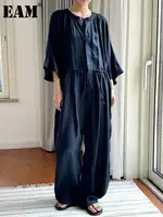 EAM Women Navy Blue Big Size Long Casual Jumpsuit New High Waist Pocket Stitch Pants Fashion Tide Spring Autumn 2026 1DH6019